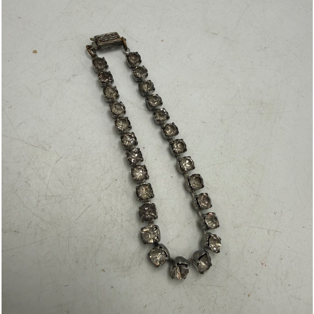 Vintage Art Deco Rhinestone Tennis Bracelet Filigree Box Clasp Silver Tone 7.75"